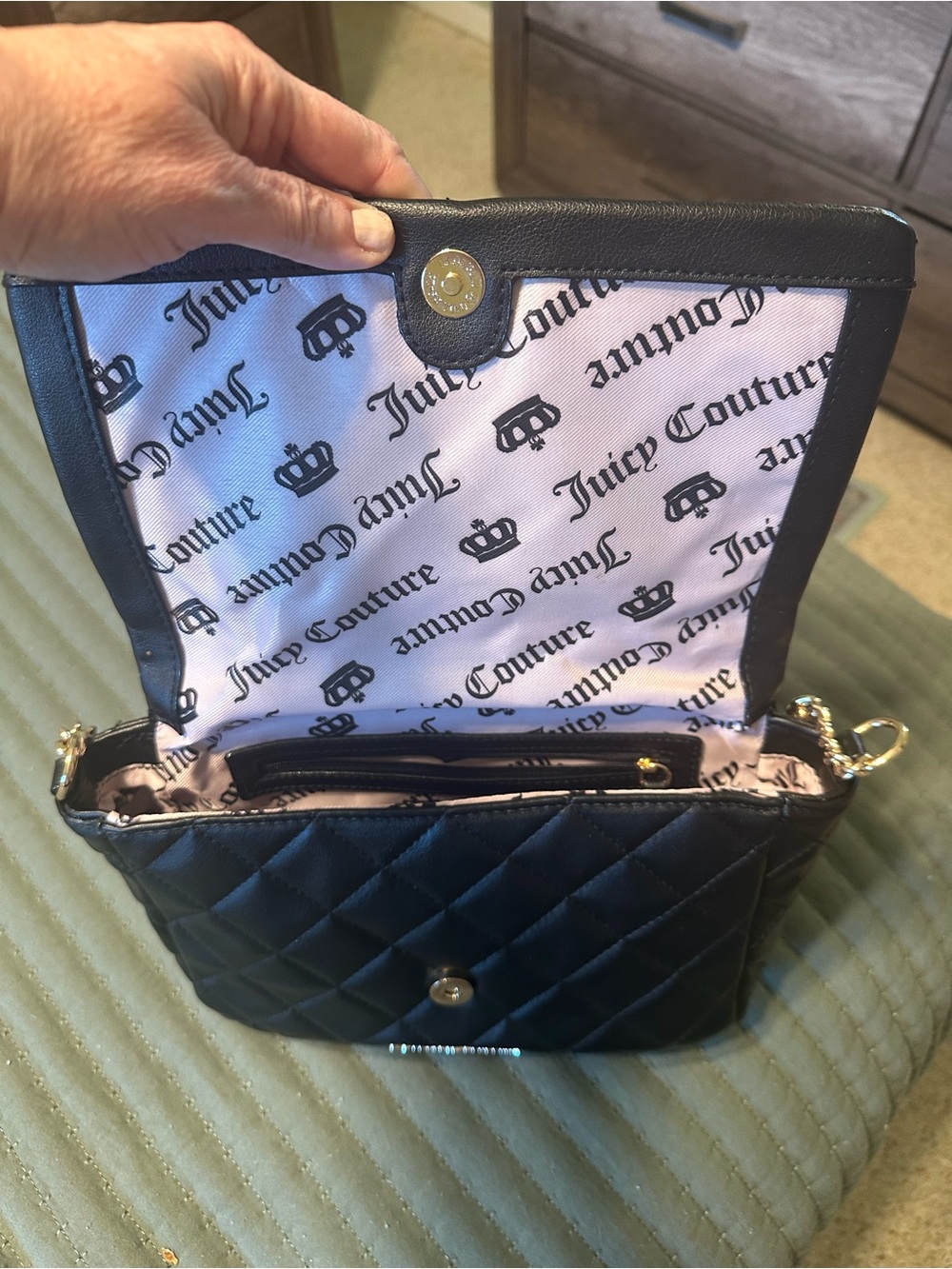 Juicy Couture Black Quilted Crossbody with Pink Logo Lining